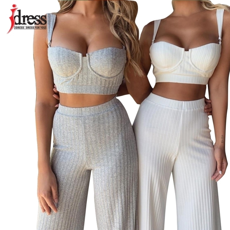 iDress Women Sexy Knitted Two Piece Sets Knitted Suit Outfit Gray White Summer 2 Piece Set Women Crop Top and Wide Leg Pants Set T200821