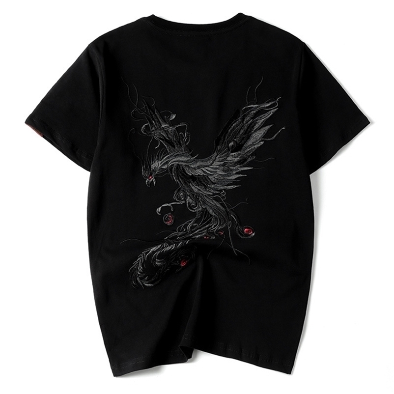 Chinese style Phoenix embroidered t-shirt men's cotton half sleeve fashion lovers' loose short 210707