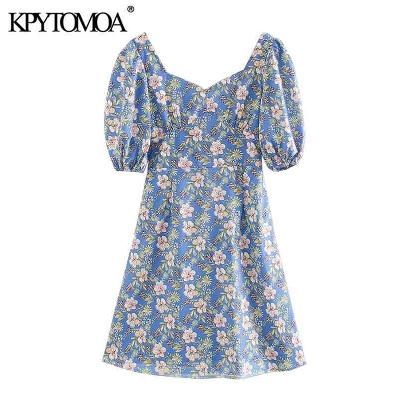 Women Chic Fashion Floral Print Mini Dress Backless Zipper Puff Sleeves Female Dresses Vestidos Mujer 210420