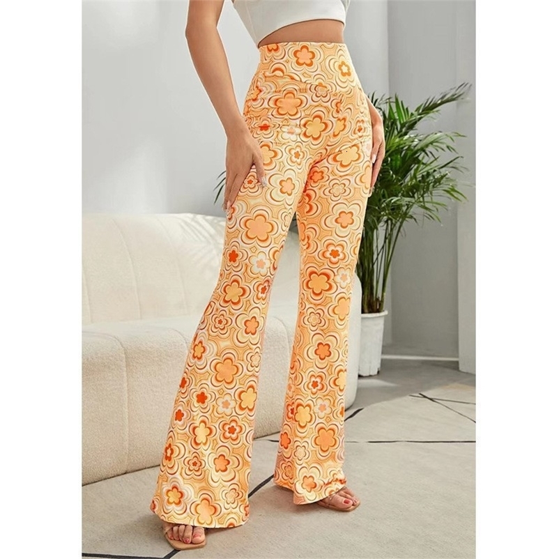 Women's Pants Capris Flare Wide Leg Women Elastic High Waist Skinny Pants Fashion Casual Autumn Trousers Streetwear Floral Print Women Pant 23080