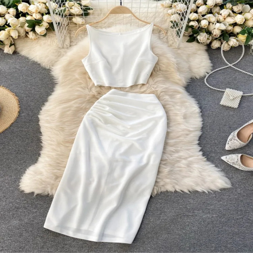Summer Women Fashion Skirt Set Sexy Sleeveless Tank Tops High Waist Slim Long Saya Female Two Piece Suits White Black Clothes 240713