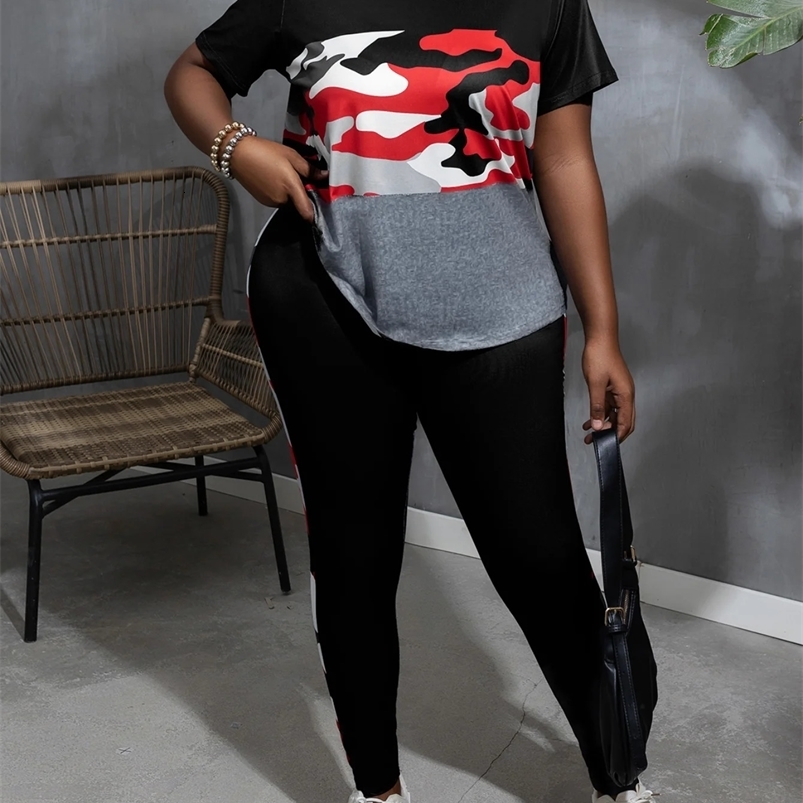 LW Plus Size Pants Set Camouflage Printed High Waist Pants Set Autumn Short Sleeve TopTight Pants Set Casual Sports Womens Wear 250427