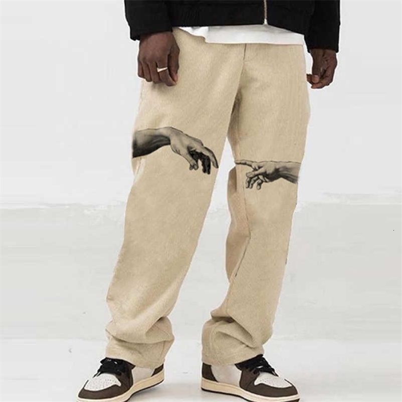 Spring Summer Casual Pants Mens Fashion Mid Waist Pants Hipster Streetwear Vintage Cross Print Loose Straight Trousers Men 210930