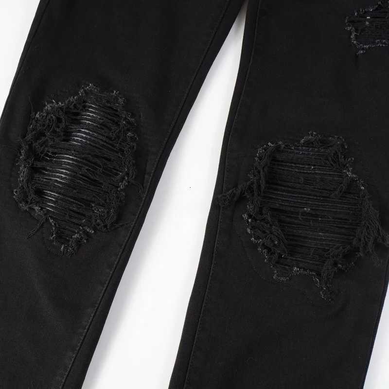 Men Leather Patch Biker Jeans for Motorcycle Strtwear Holes Ripped Patchwork Stretch Denim Pants Black Skinny Tapered Trousers X250924