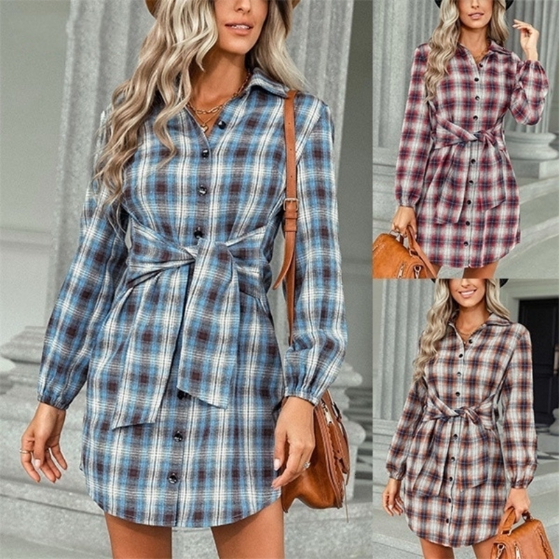Casual Dresses Ladies Fashion Autumn/Winter Plaid Shirt Dress Long Sleeve Button Lace Up Pencil Short Skirt Casual Midi Skirt 230316