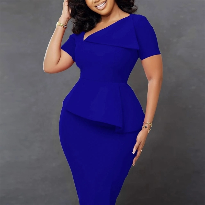 Elegant Bodycon Dresses for Women Asymmetric Collar Short Sleeve Sheath Package Hips Mid Calf Professional Ladies Business Dress 240106