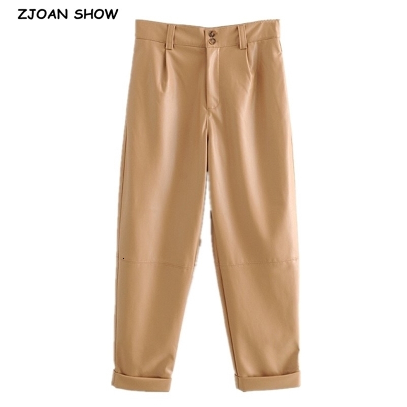 Autumn Vintage PU Leather Harem Pants Mum Streetwear Woman High Waist Long Cuff Roll up Trousers Loose 210429