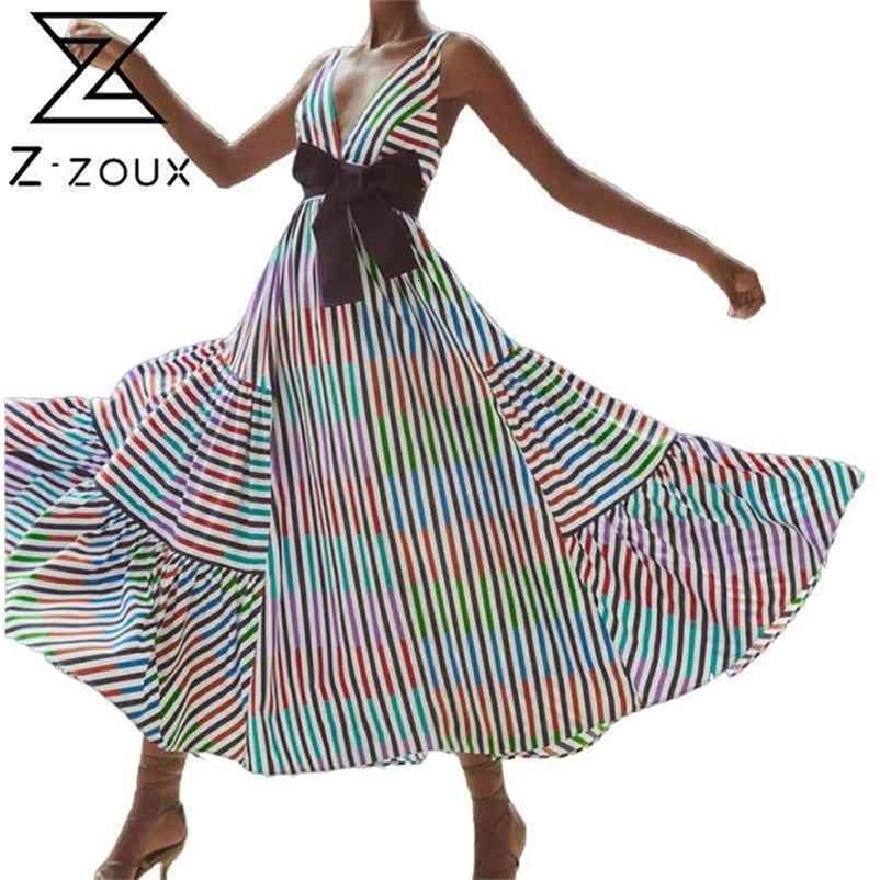 Women Dress Deep V Neck Stripe Printed Maxi Sleeveless Big Swing Spaghetti Strap es Plus Size Summer es 210513