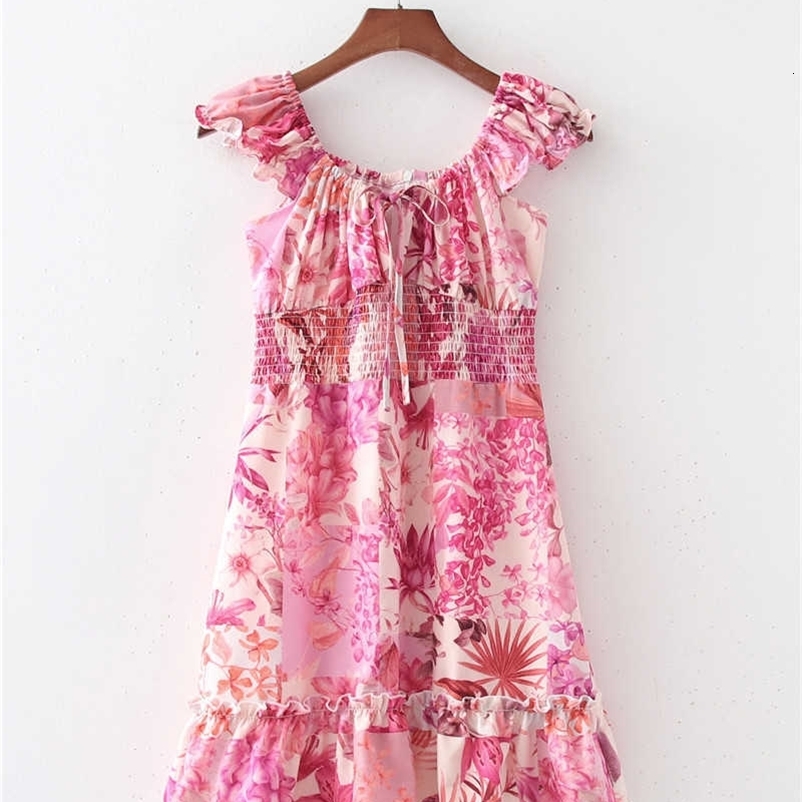 Hsa Summer Floral Dress SexyOff Shouderl Beach Style Loose Pink Holiday Vestidos Bow Tie Cascading Mini Dress Robe Boho 210716