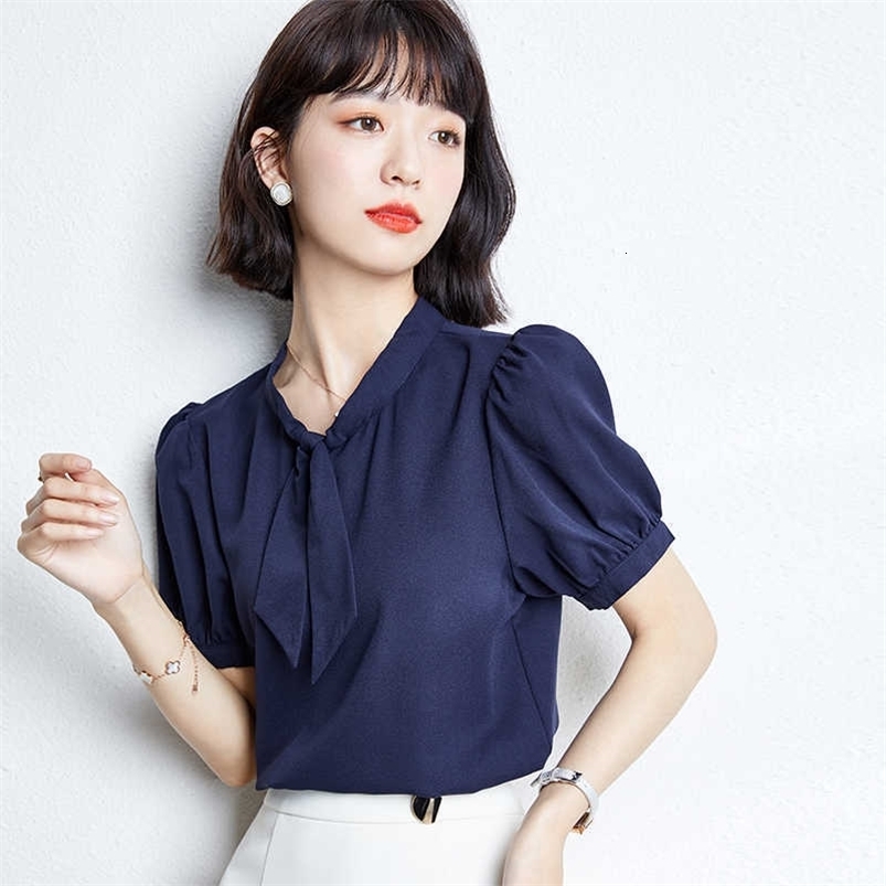 Korean Fashion Summer Chiffon Women Shirts White Short Sleeve Blouses Ladies Plus Size XXL Navy s Tops and 210531