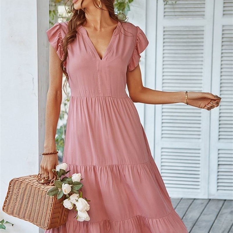 Casual Dresses Ladies Vintage Fashion Solid Long Dress Women Casual Slim Ruffles Office Lady Summer Women Dress Female Robe Vestidos De Mujer 230316