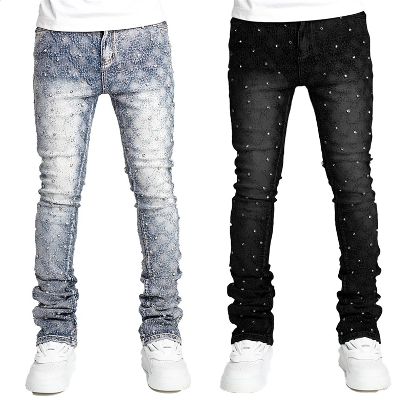 European Personality Stacked Jeans For Men Slim Fit Stretchy Pearls Mans er Jeans 240912