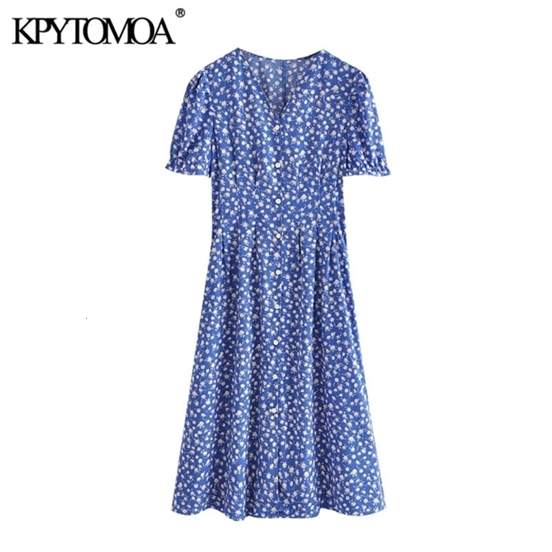 Women Chic Fashion Floral Print Button-up Midi Dress Short Sleeve Side Pockets Female Dresses Vestidos 210420