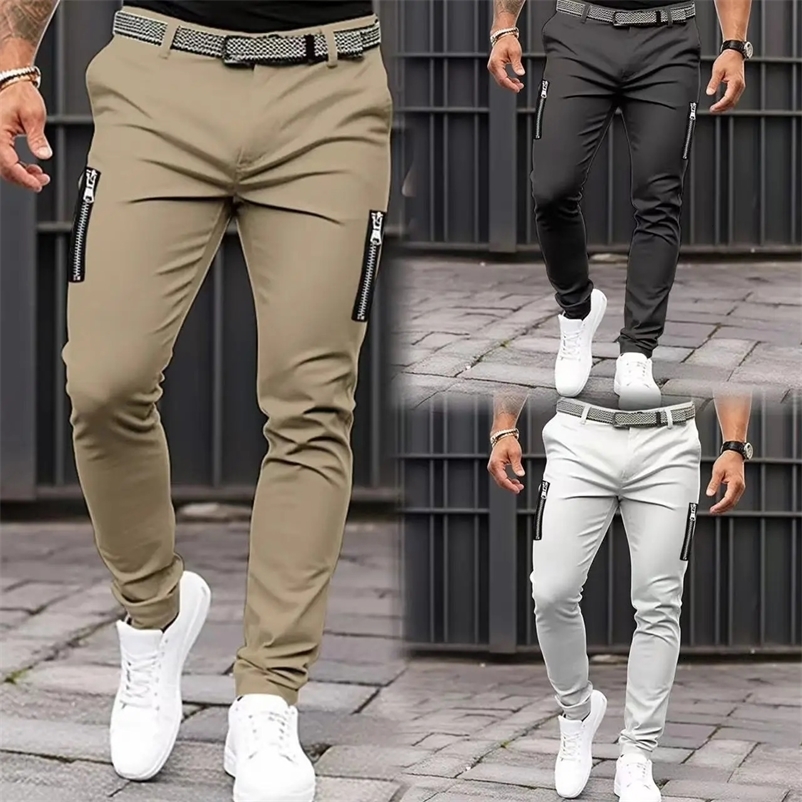 Spring and Autumn Casual Cotton Pants Loose Waist Double Zipper Pants Solid Color Fashion Mens Sports Pocket Pants 240717