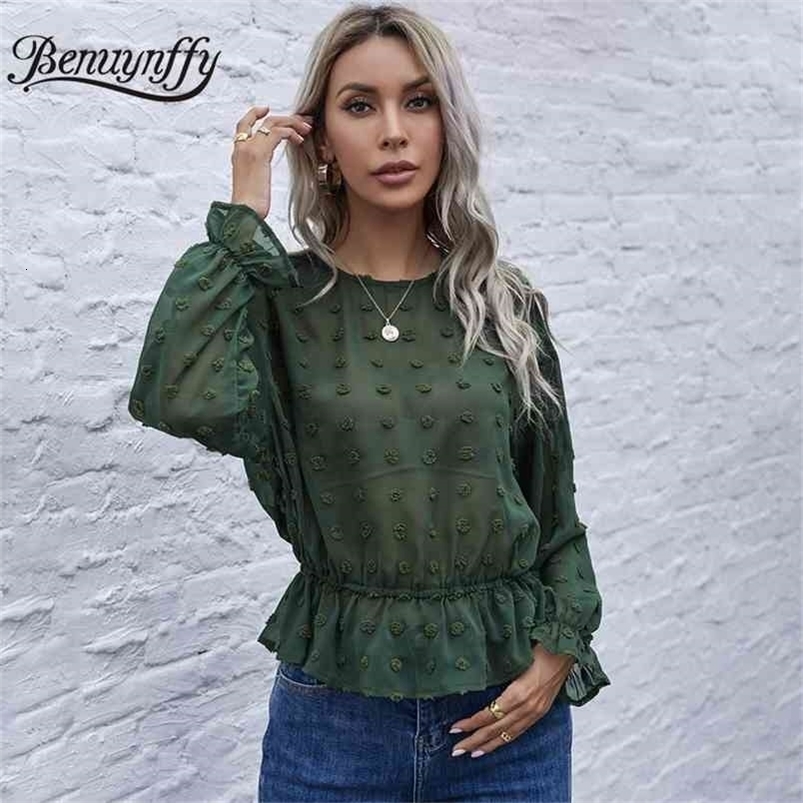 O-Neck Swiss Dot Flounce Sleeve Ruffle Hem Blouse Women Spring Long Fashion See Through Ladies Sheer Top 210510
