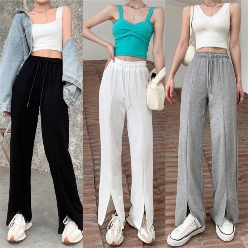 Pants & Capris Women's Clothing Black Elastic Waist Casual Drawstring Sweatpants Split Loose Straight White Grey Wide Leg Pant 210429
