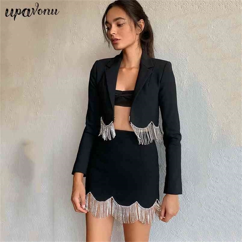 Free Women's Suit Sexy Lapel Long Sleeve Diamond Tassel Short Jacket & Mini Skirt Two Piece Set 210524