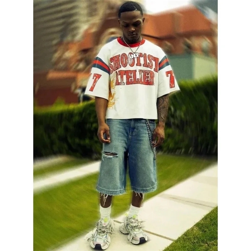 High Street Hip hop retro Y2k round neck pure cotton summer letter printed mens casual top from the United States 250103