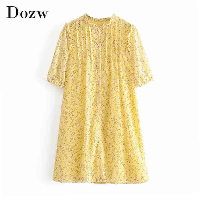 Women Loose Floral Print Chiffon Mini Dresses Summer Ruffle Pleated Shirt Dress Ladies Short Sleeve Casual Sundress 210414