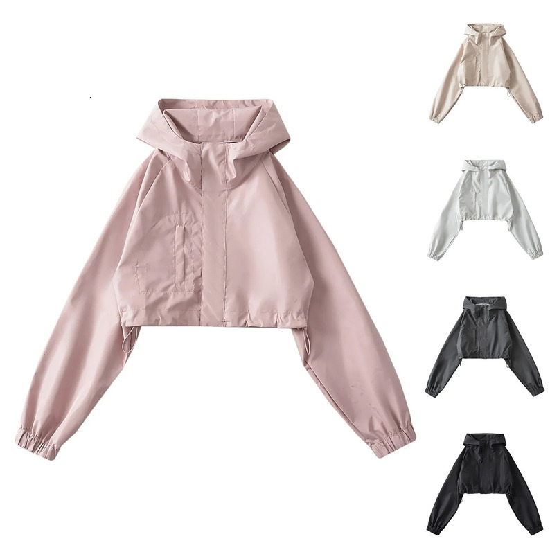 Spring Autumn Womens Vintage Jacket Loose Hooded Short Outdoor Sports Top Solid Color Jackets For Girls Outwear Chaqueta 250306