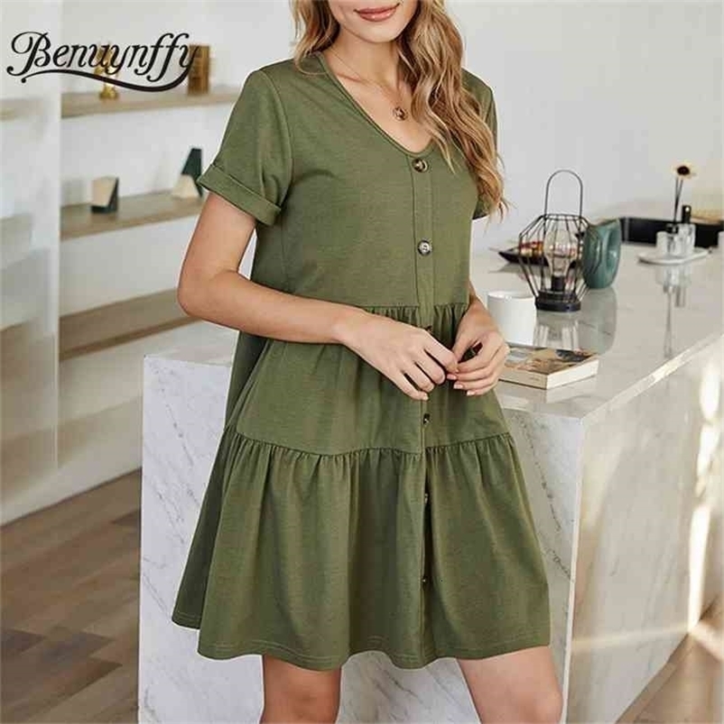 V-neck Solid Button Front Smock Dress Home Style Casual Women Summer es Short Sleeved Female Loose Mini 210510