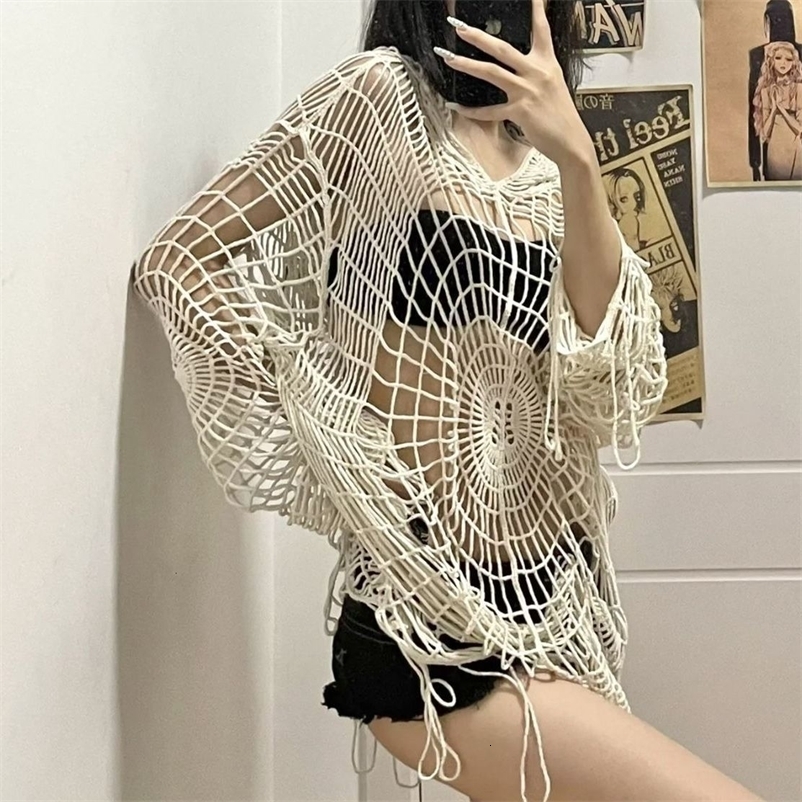 Women's Sweaters Hollow Knit Hooded Top Y2k Clothes Spider Web Spice Girl Mesh Pullovers Thin Women Korean Fashion Fishing Net Sweaters Gothic 23