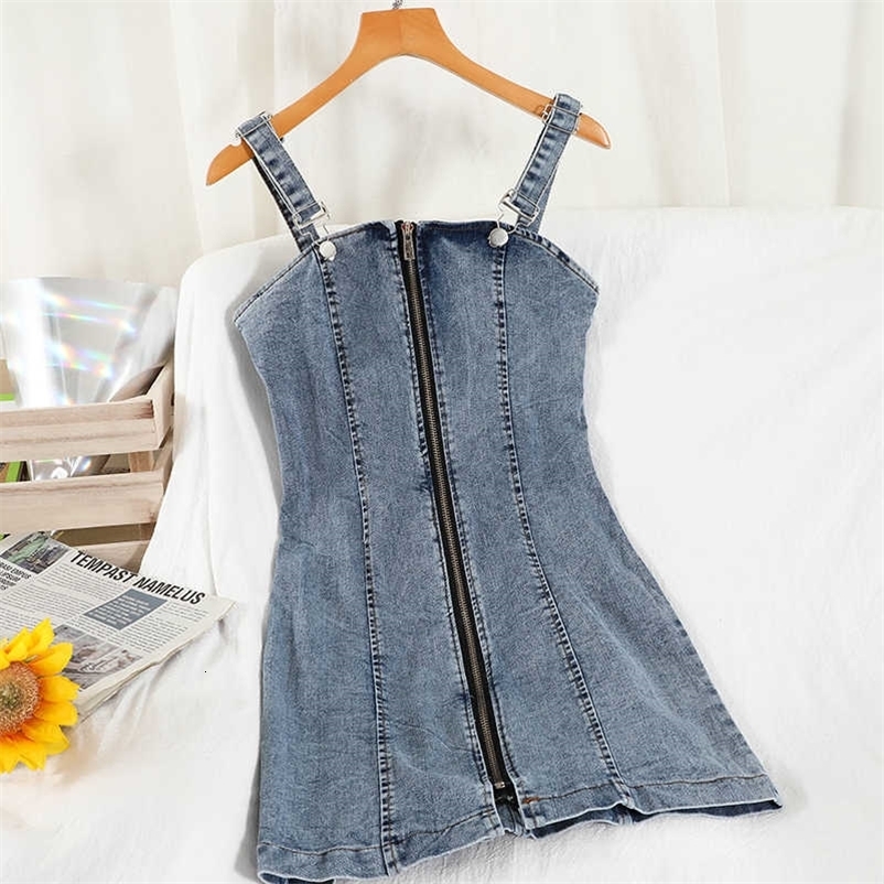 DEAT Women Denim Dress Fashion Spring Summer Ladies Vintage A-line Sling Denim Dress HR369 210709