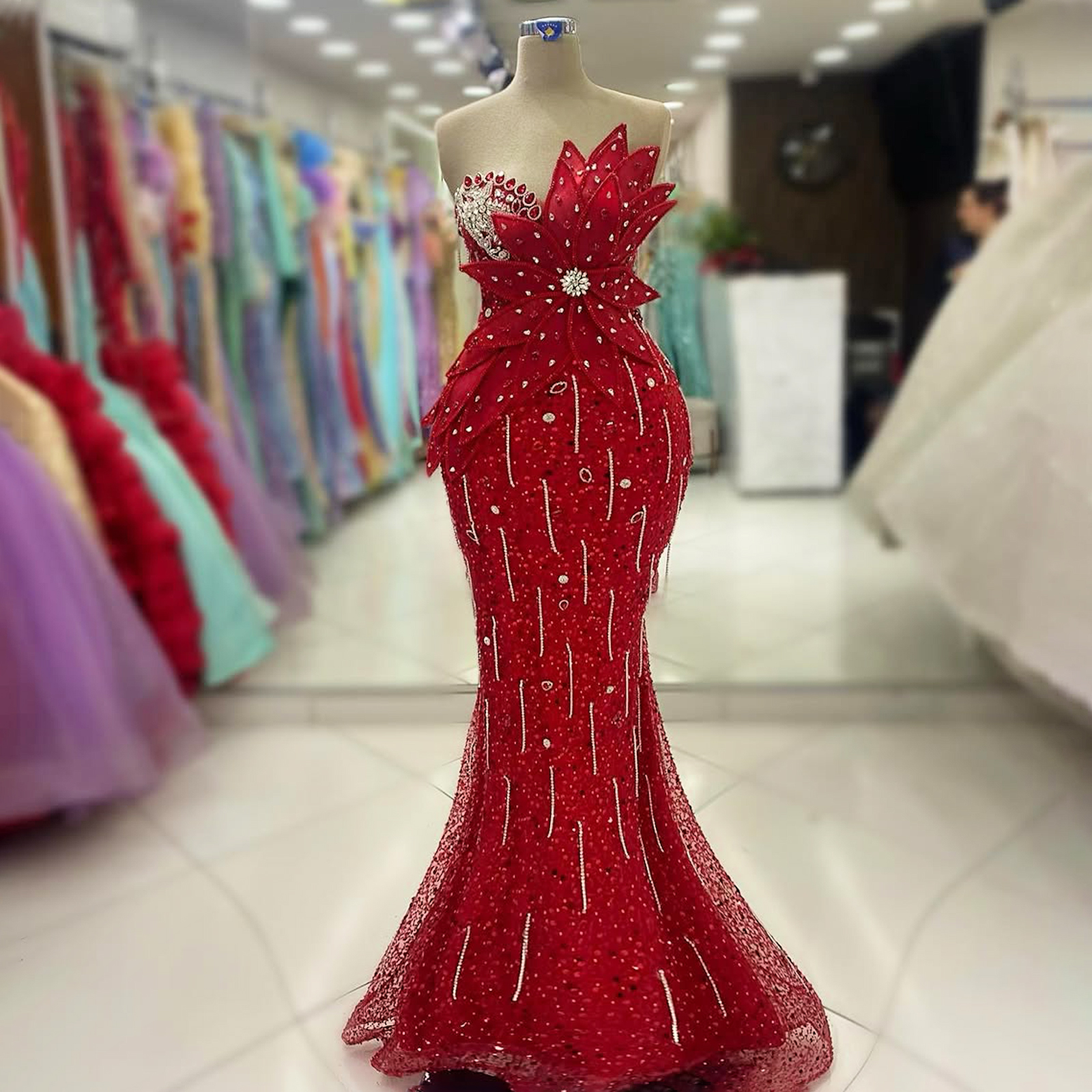 Plus Size Red Prom Dresses for Special Ocns Promdress Illusion Mermaid Sequined Lace Beading Tassel Hand Made Flowers Beaded Birthday Dress BC19183