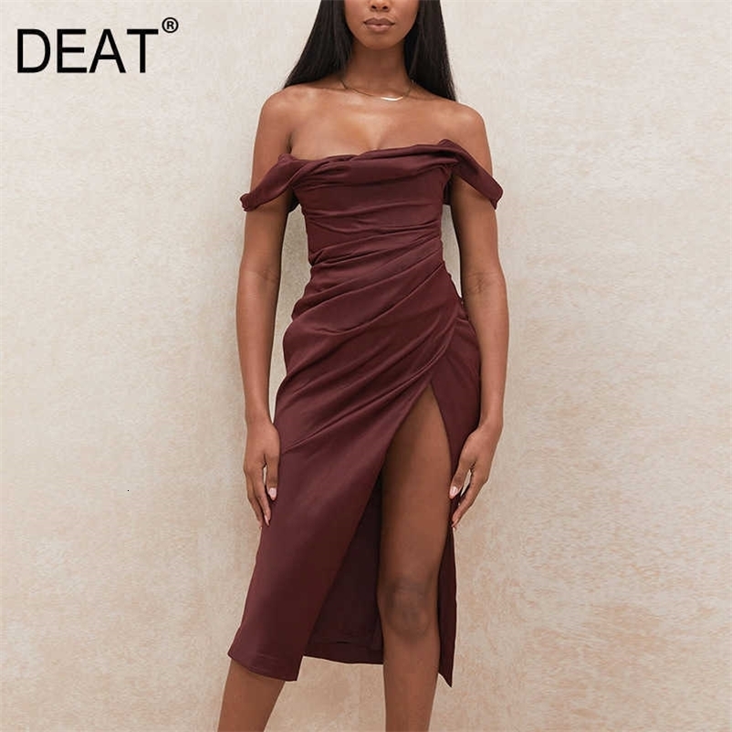 DEAT Women Split Pleated Backless Dress Slash Neck Sleeveless Arrivals Lady Sexy Fashion Spring Summer 11D645 210709