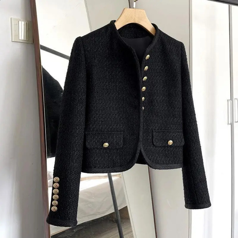 Spring Autumn Korean Y2k Chic Female Tweed Basic Jacket Coat Women Coats O Neck Long Sleeve Woolen Short Outerwear 240307