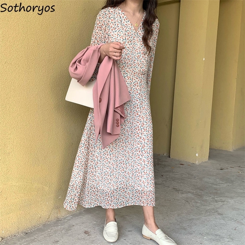 Casual Dresses Women Floral Printing Long Sleeve Dress Sweet Korean Style Elegant Office Lady Loose Comfortable Leisure All-match Classic Chic 230316