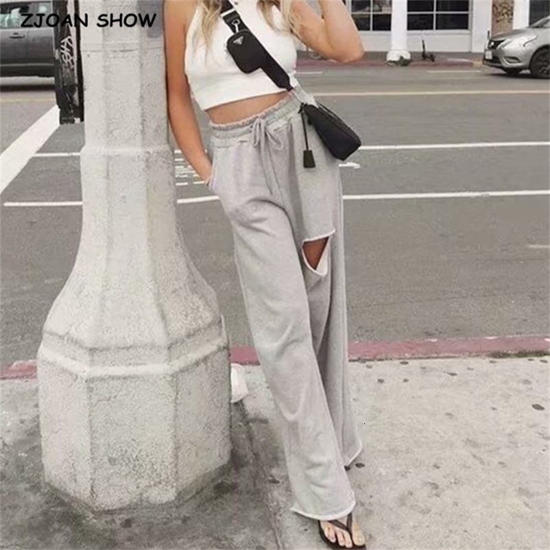 Drawstring Waist Split Hole Wide Leg Sports Pants Women Loose Casual Sport Trousers Joggers Streetwear Leisure 210429