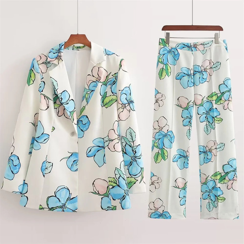 Taop Za Spring Product Womens Fashion Casual Loose Print Suit Coat Wide Leg Pants Set 240423