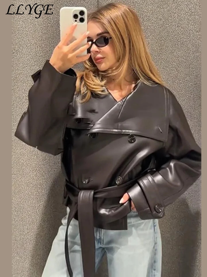 Street Womens Cropped Leather Jackets With Belt Lapel Double Breasted Pockets Long Sleeve Coat 2025 Autumn Lady Vintage Outwear 250917Z