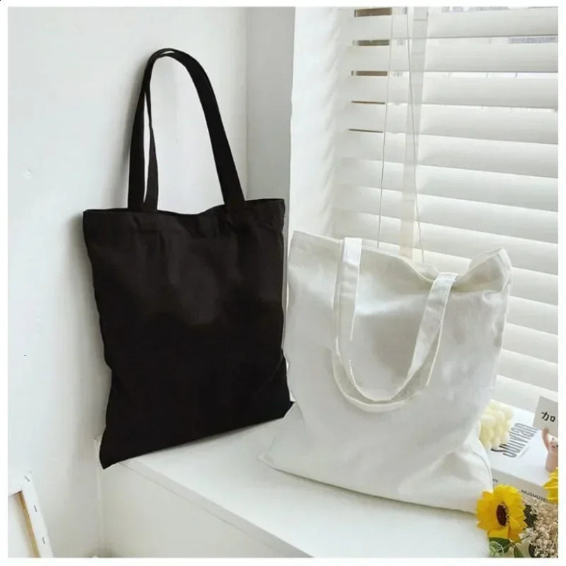 Large capacity black and white canvas shoulder bag foldable ecofriendly cotton handbag reusable DIY shopping 240820