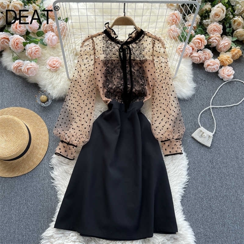 DEAT summer Arrivals Mesh Round Collar Puff Sleeve Stitching Waist Slim A-line Dress MZ726 210709
