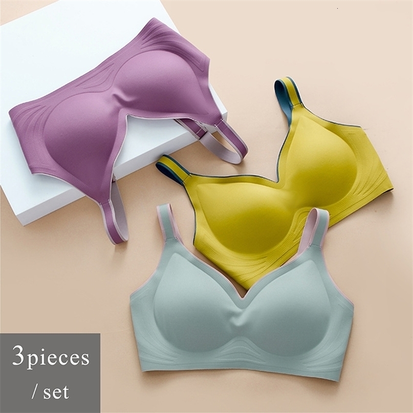 3pcs Color Latex Underwear Gradient Jelly Strap Anti-skipping Bra No Steel Ring Beauty Back For Women 6 Colors Available 211217