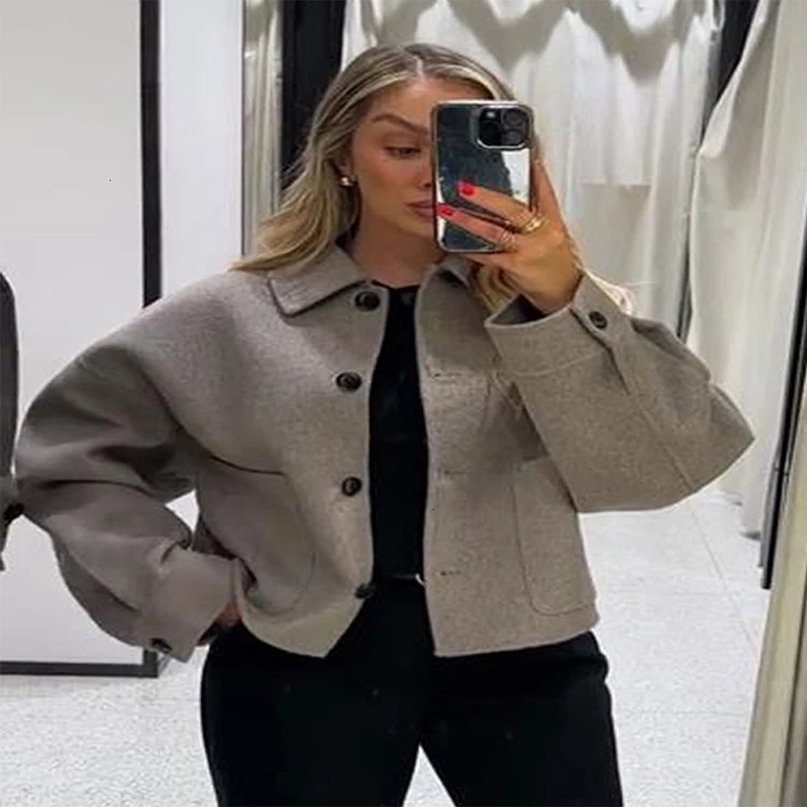 Womens wool jacket for autumn and winter solid single chest lapel long sleeved jacket womens warm street jacket 240930