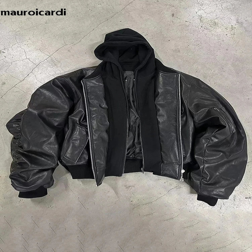 Mauroicardi Autumn Winter Oversized Cool Black Thickened Warm Pu Leather Bomber Jacket Men Hood y ner 2 Clothes 241217