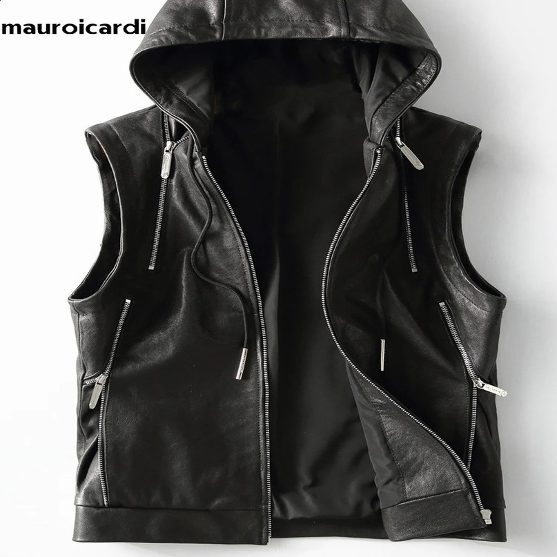 Mauroicardi Spring Autumn y Elegant Cool Black Pu Leather Vest for Men with Hood Zipper Sleeveless Jacket Clothing 241217