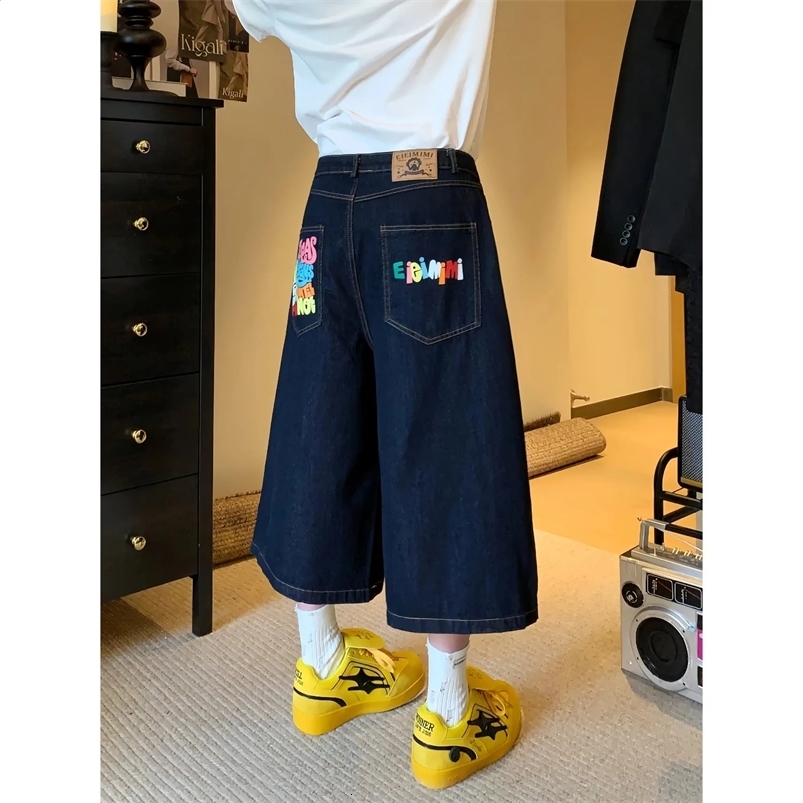 American retro jeans Y2K mens Harajuku hip-hop gothic retro pocket embroidered blue pocket jeans low waist wide leg Trousers 250423