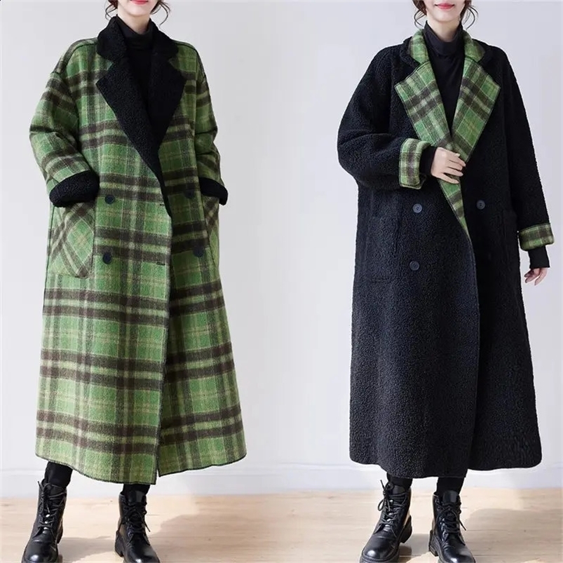 Oversized Womens Reversible Jacket Winter Plush Thickened Plaid Woolen Coat Vintage Long Loose Green Overcoat Windbreaker Z3460 240830