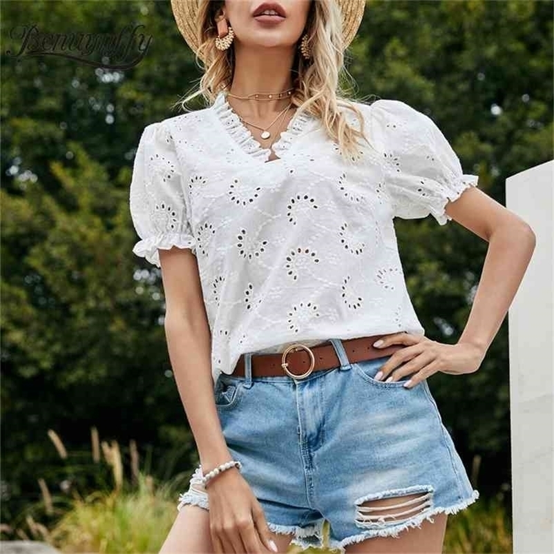V-neck Frill Trim Hollow Out White Blouse Women Summer Short Sleeve Fashion Elegant Ladies Tops and Blouses 210510