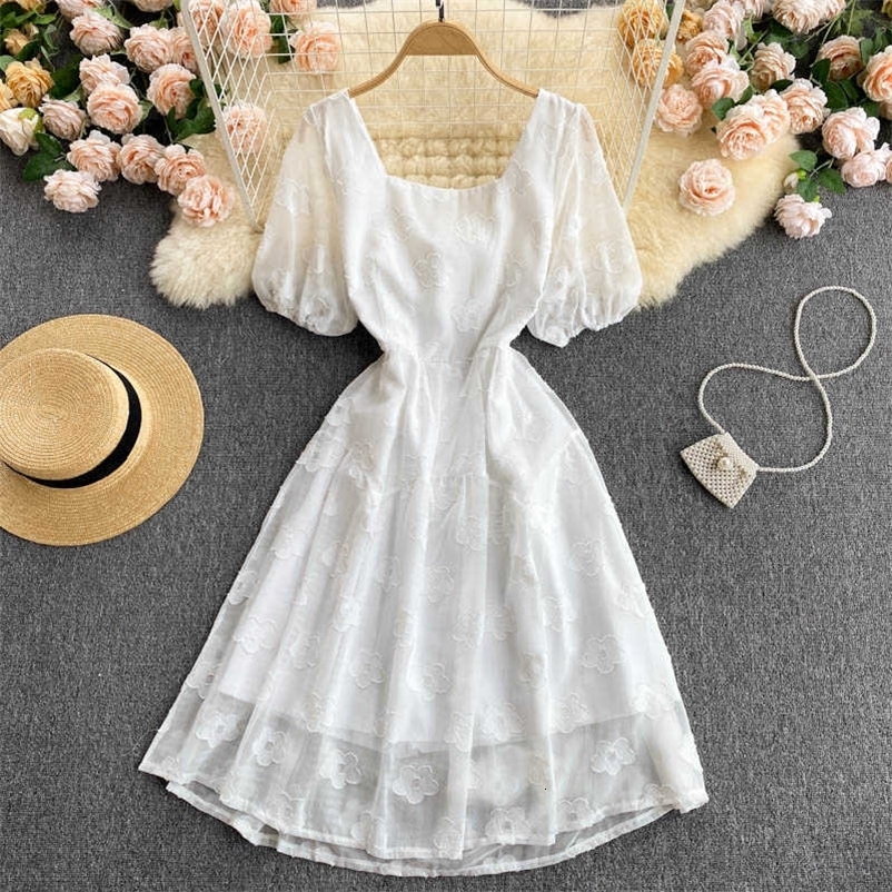 DEAT Women White Dress Square Collar Short Puff Sleeve Arrivals Lady Temperament Fashion Spring Summer 11D567 210709