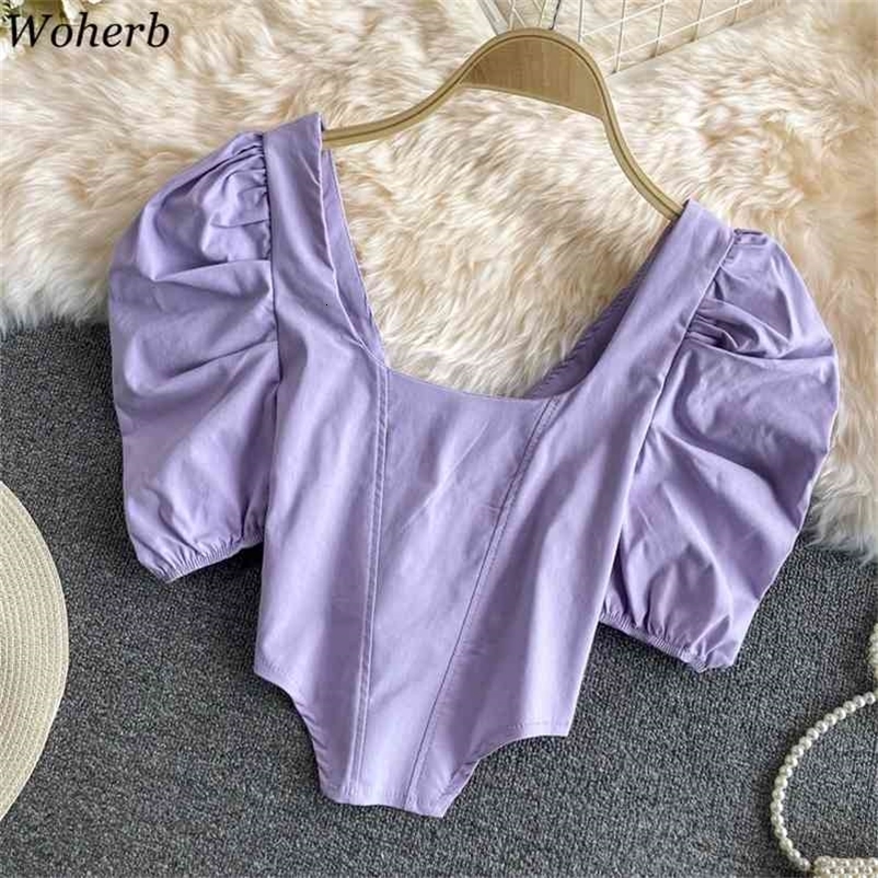 Women's Clothing Korean Blouses Square Neck Fashion Blusas Backless Lace-up White Puff Sleeve Shirts Irregular Crop Tops 210519