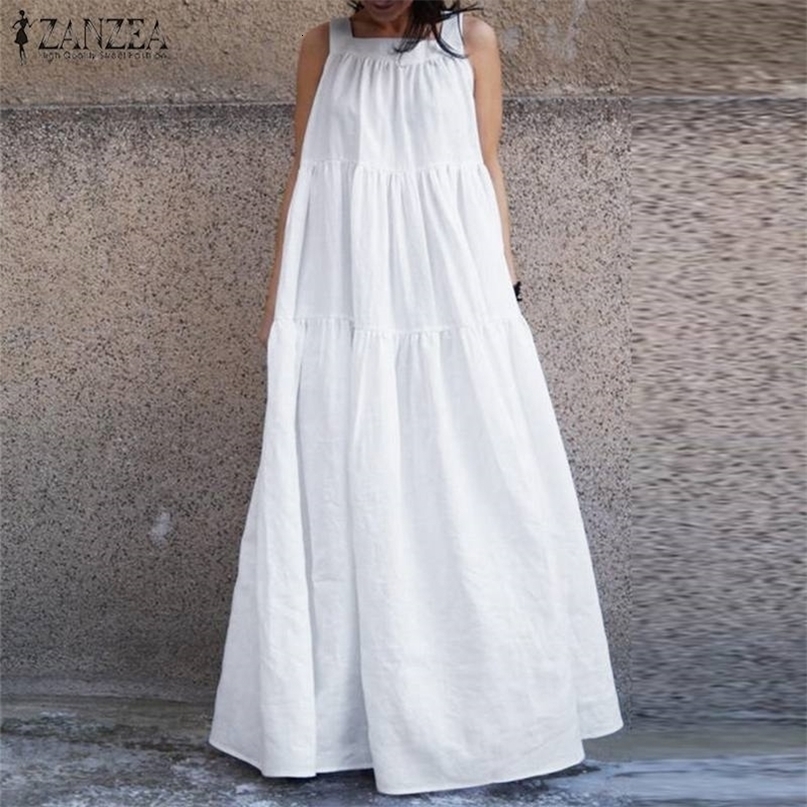 Fashion Strap Maxi Vestido Women's Ruffle Sundress ZANZEA Female Casual Party Robe Femme Plus Size Bohemian Dress With Belt T200416