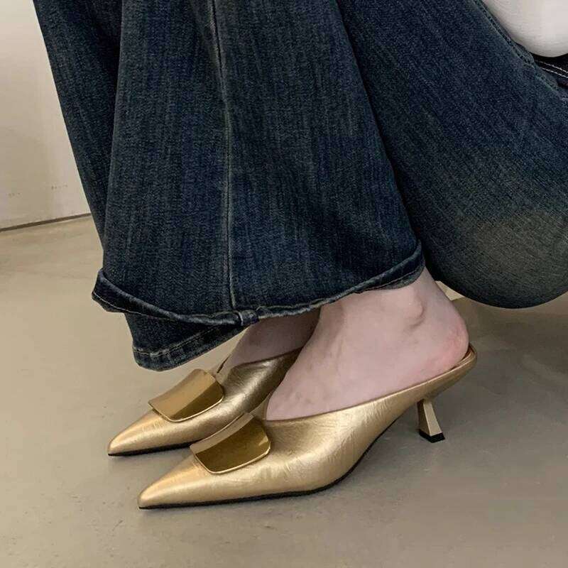 Women Slippers High Heels Mules Shoes Pointed Toe Heeled Sandals Elegant Party Slides 2025 Summer Designer Mujer Zaoatos