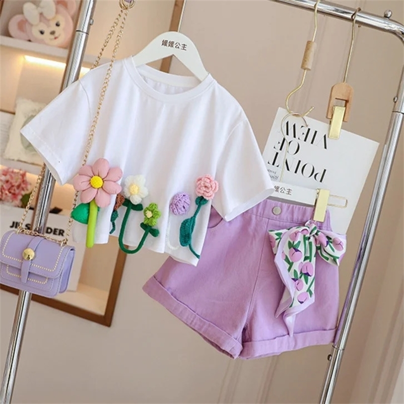 Childrens T-Shirts Three-dimensional Flower Decoration Short Sleeve Kids Clothes for 3 To 13 Years Girls Tshirts 250411bj