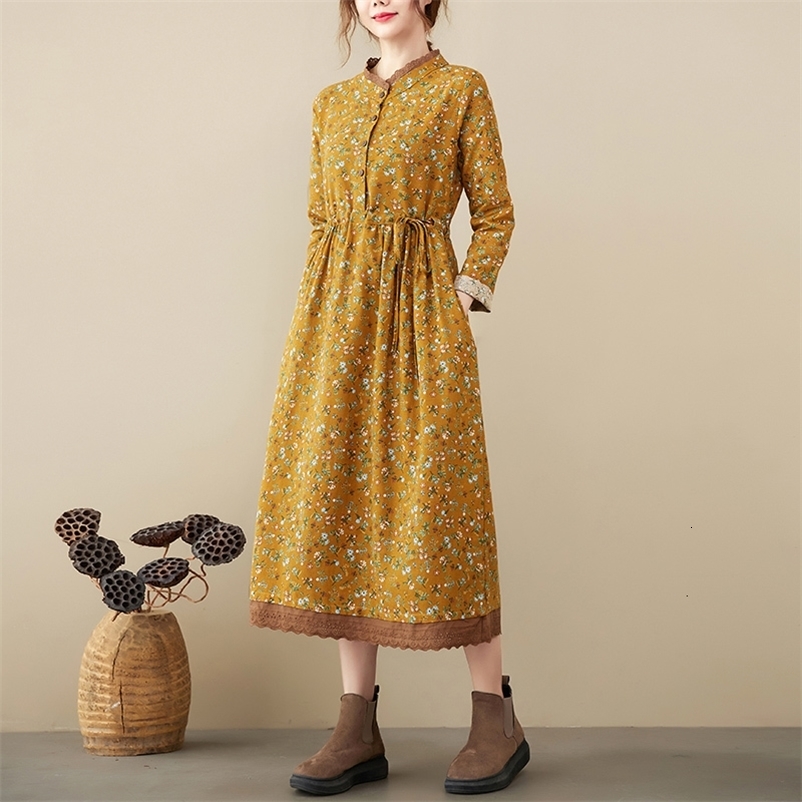 Casual Dresses Cotton Linen Vintage Floral Print Dresses For Women Spring Autumn Long Sleeve Fashion Dress Elegant Vestidos Robe Femme 230316
