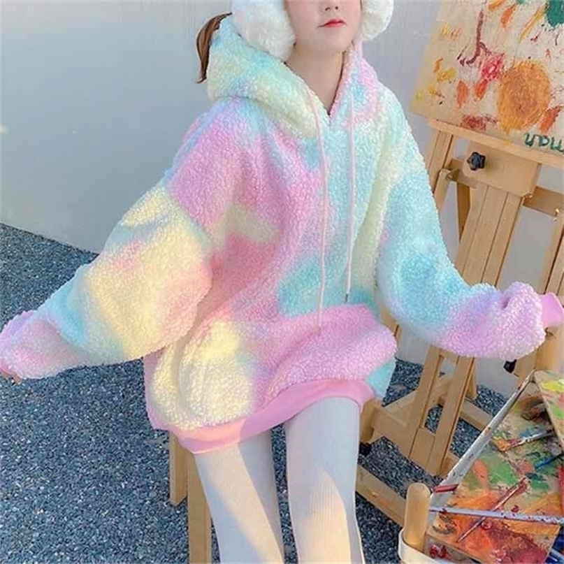 Winter Rainbow Kawaii Fur Hoodies Women Warm Sweet Oversized Hoodie Female Harajuku High Street Korean Sweatshirt Women 210816